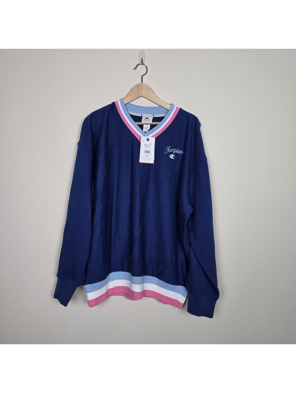 Champion Men's Club Sport Striped V-Neck French Terry Pullover L